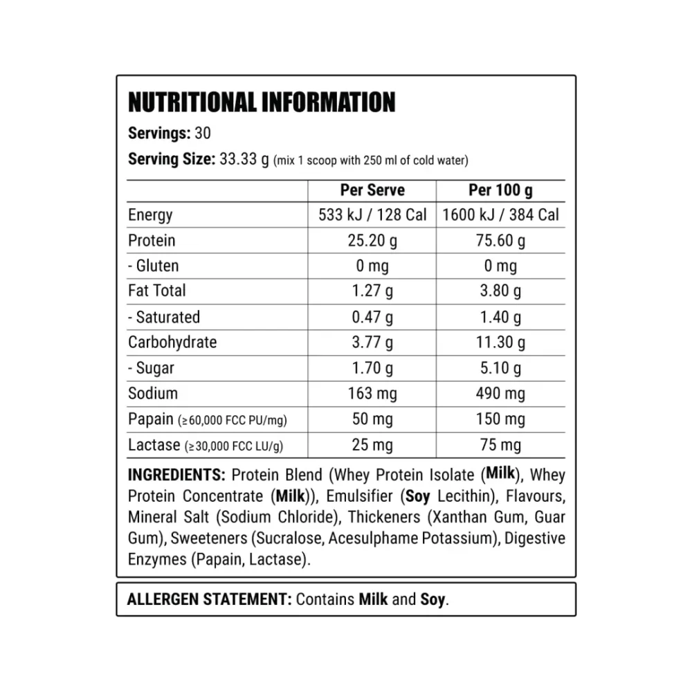 Vanilla Bean Nutritional Panel 100% Whey Protein (1kg) available at Functional Health